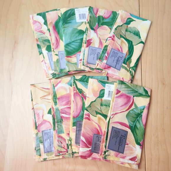 Tobin Set of Ten (10) Magnolia Cloth Napkins 100% Cotton 16" x 16"  Yellow Pink - Picture 1 of 8